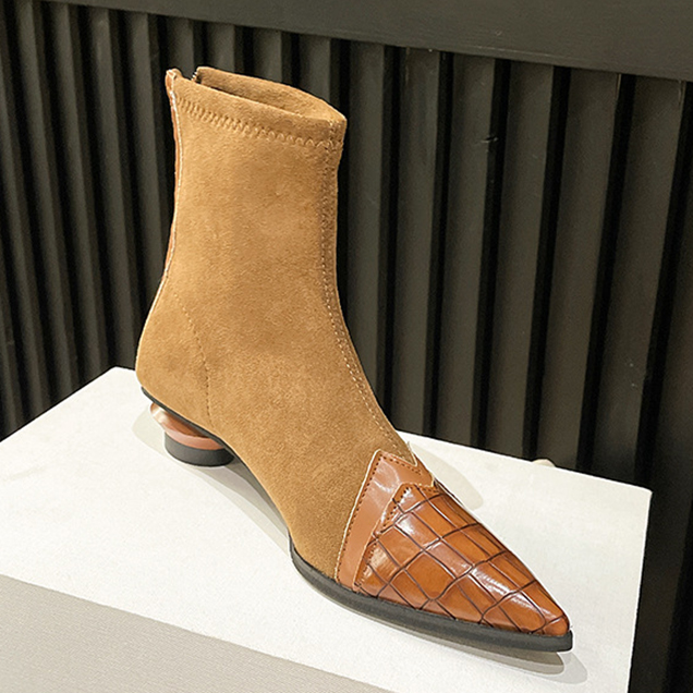 スエード調異素材ミックス尖頭ショートブーツ