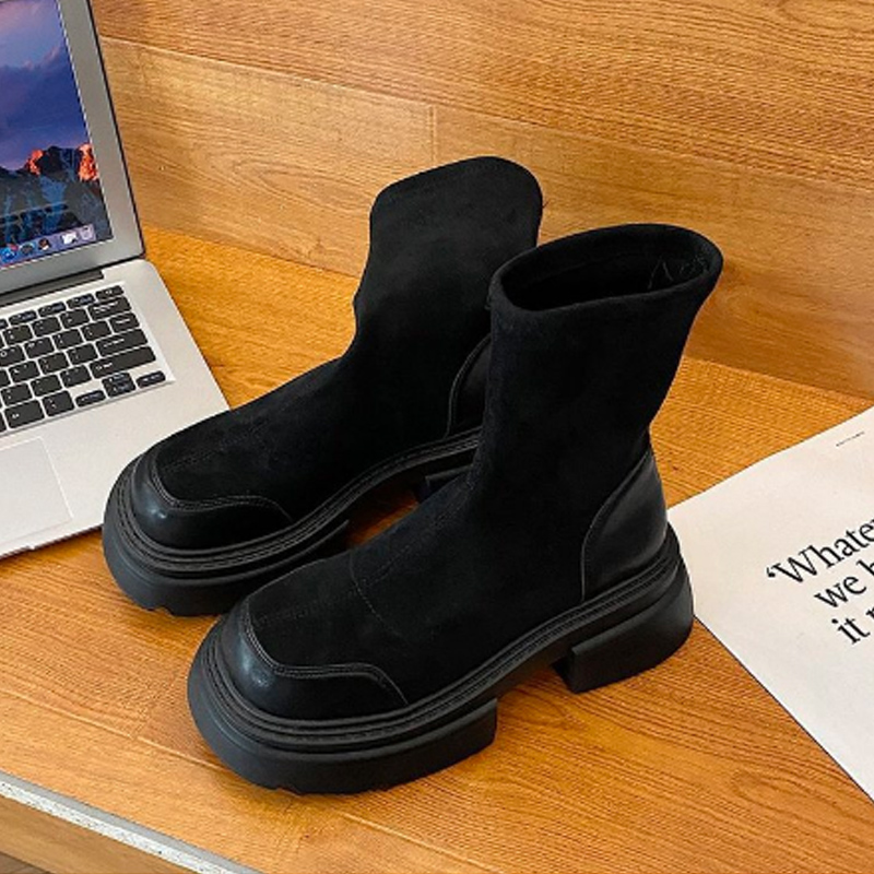 レディース厚底ショートブーツ太ヒール黒茶