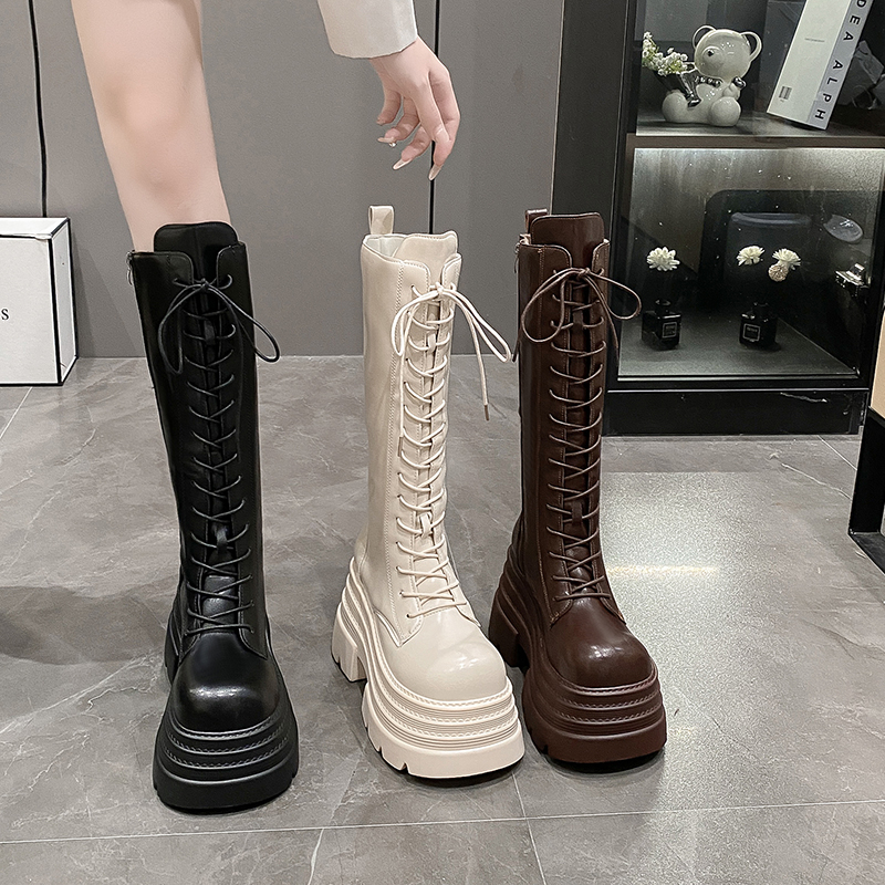 ブーツ 厚底レースアップロングブーツ