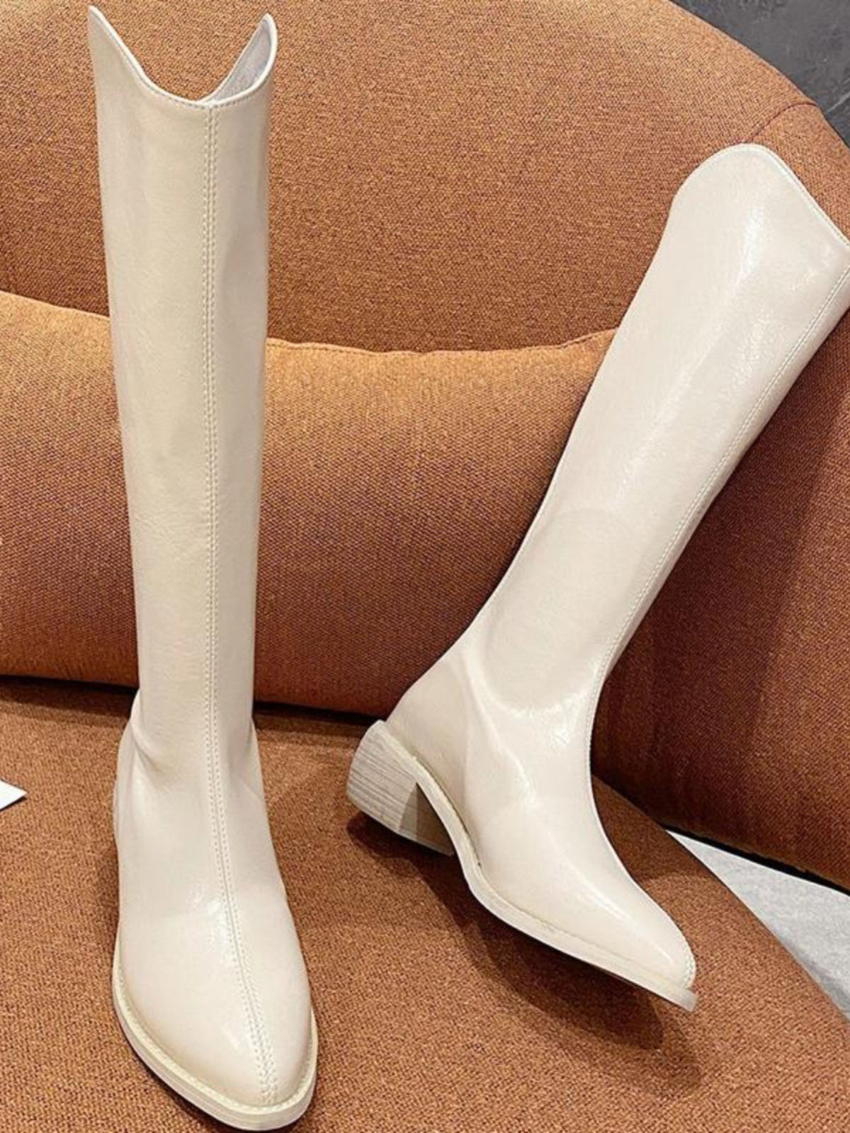 新作レディース革調ロングブーツ脚長効果低ヒール