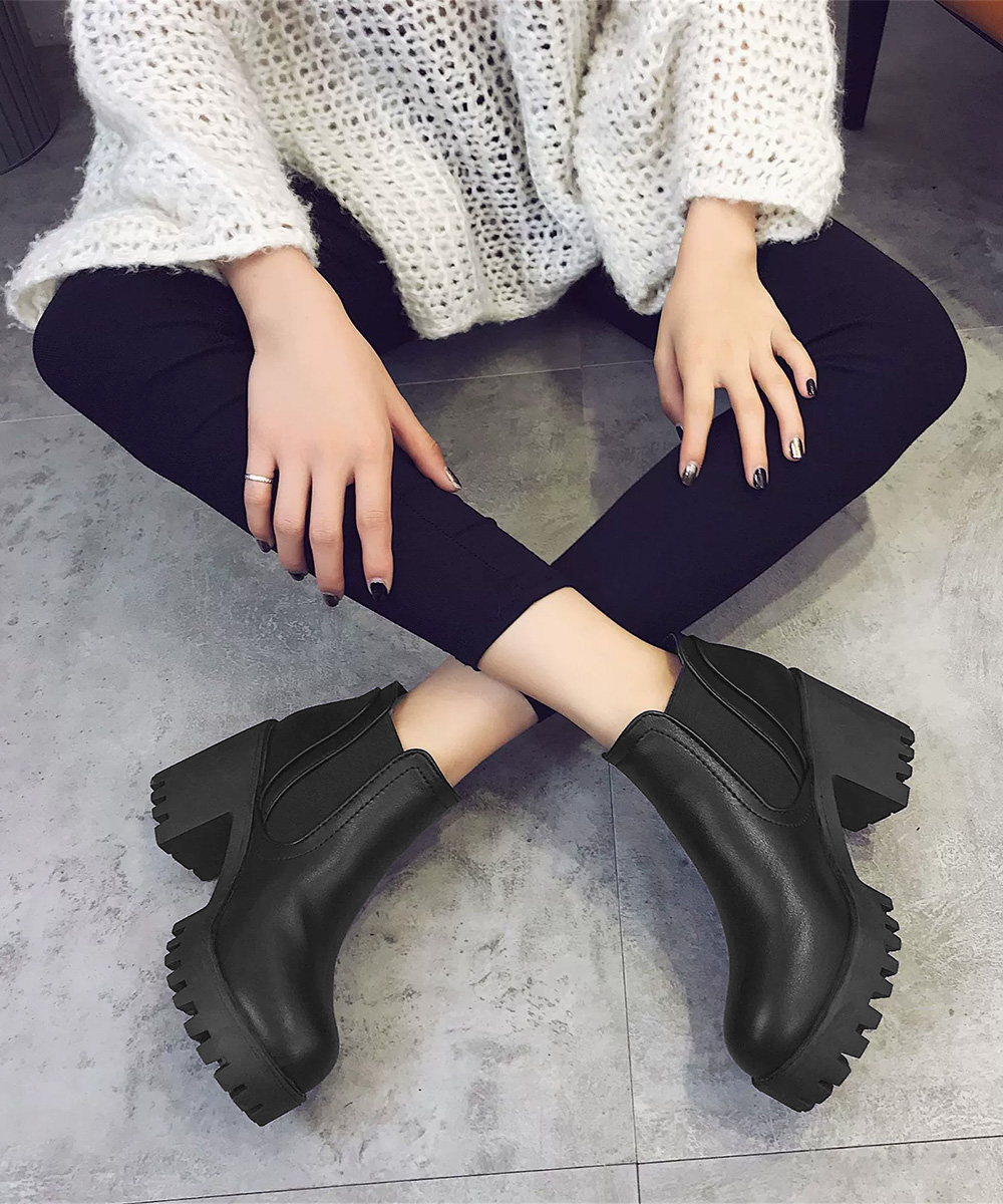 厚底サイドゴア太ヒールショートブーツ