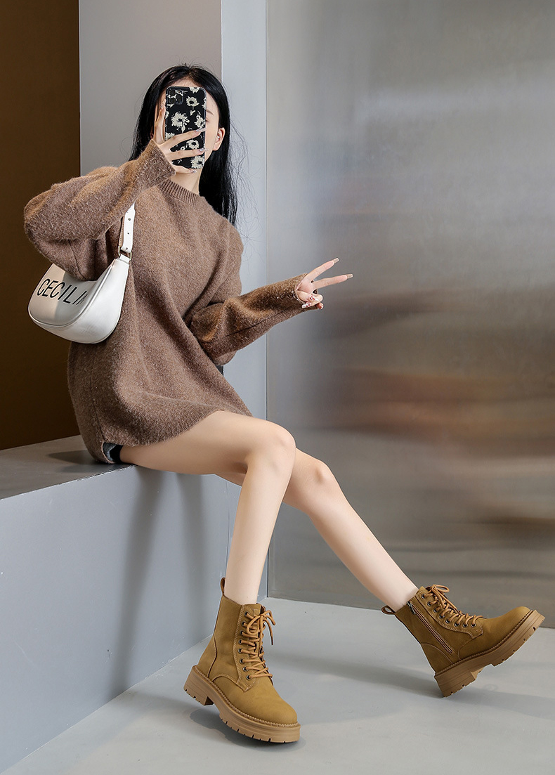 レディース編み上げブーツ秋冬定番カーキ黒茶色