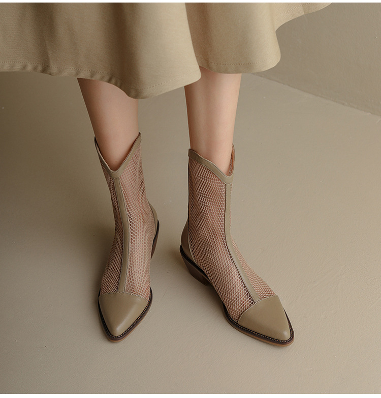 レディース 夏用メッシュブーツ チャンキーヒール 透け感デザイン