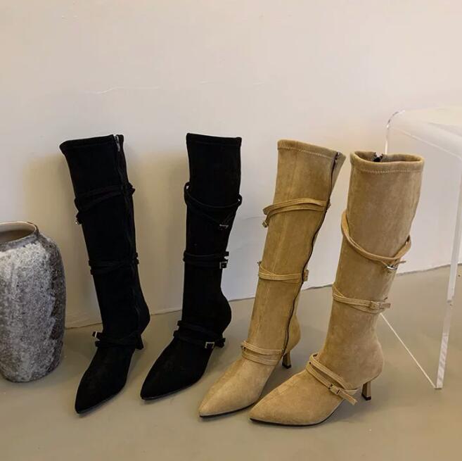 秋冬ベルトロングブーツ尖りつま先細ヒール美脚靴