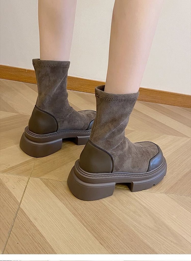 レディース厚底ショートブーツ太ヒール黒茶