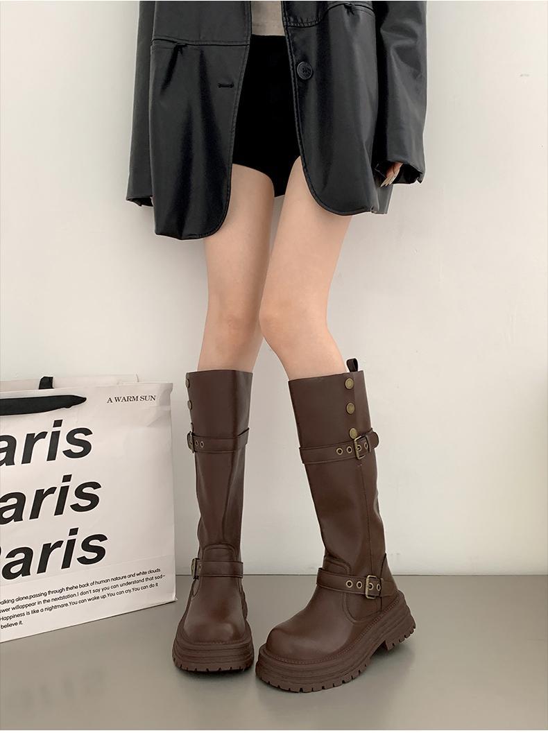 ブーツ ロング 飾りベルト付きプラットフォームロングブーツ