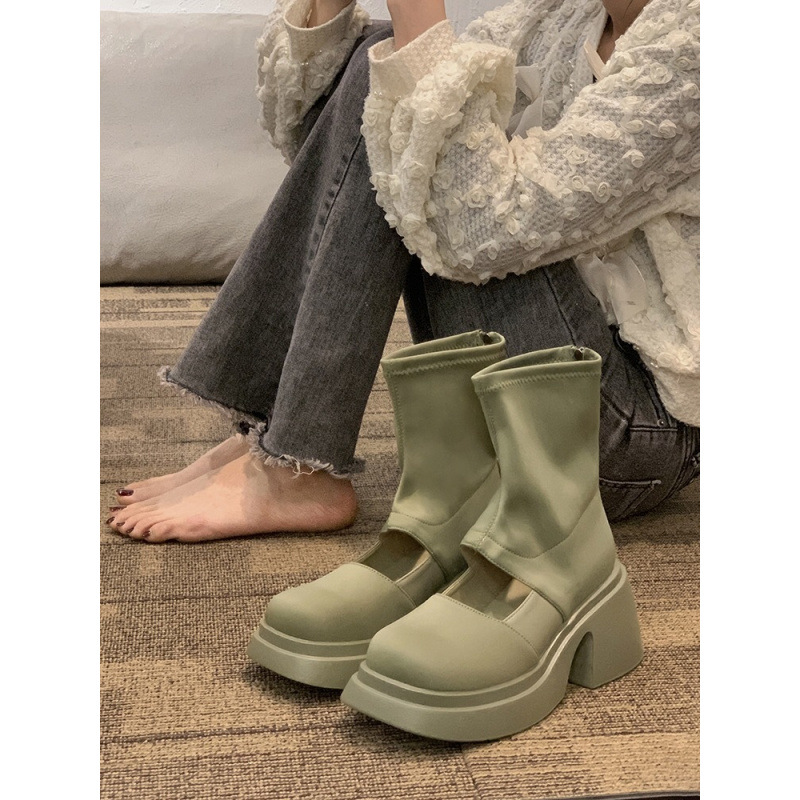 ブーツ 異素材切替ストレッチショートブーツ