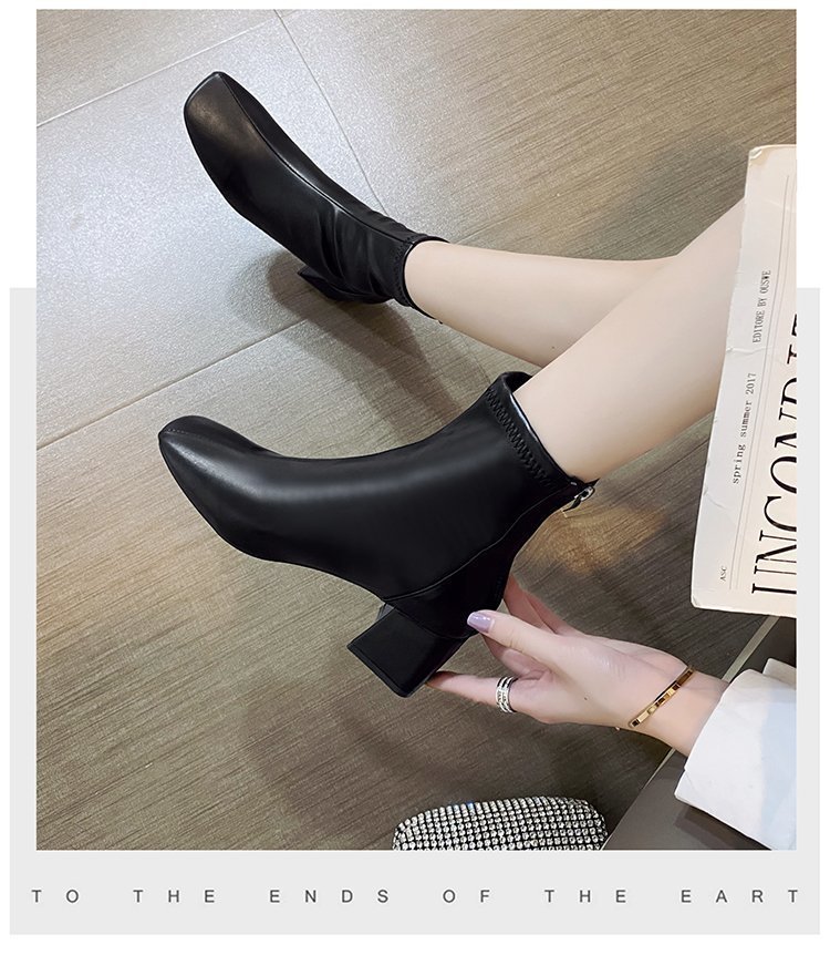 定番人気ショートブーツ太ヒール6センチ黒白