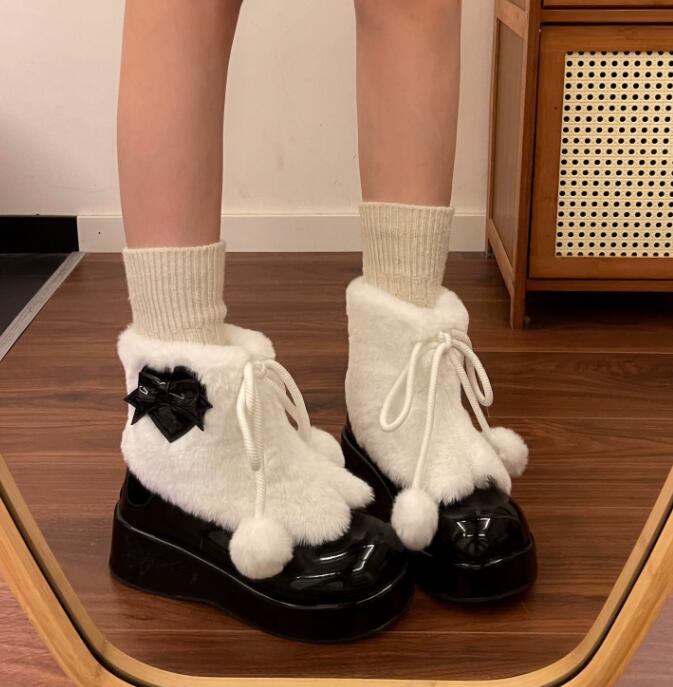 秋冬起毛厚底ブーツ ふわもこショートブーツ