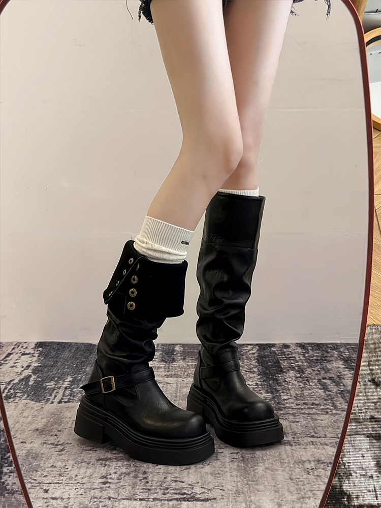 ブーツ 折り返しデザイン厚底ロングブーツ