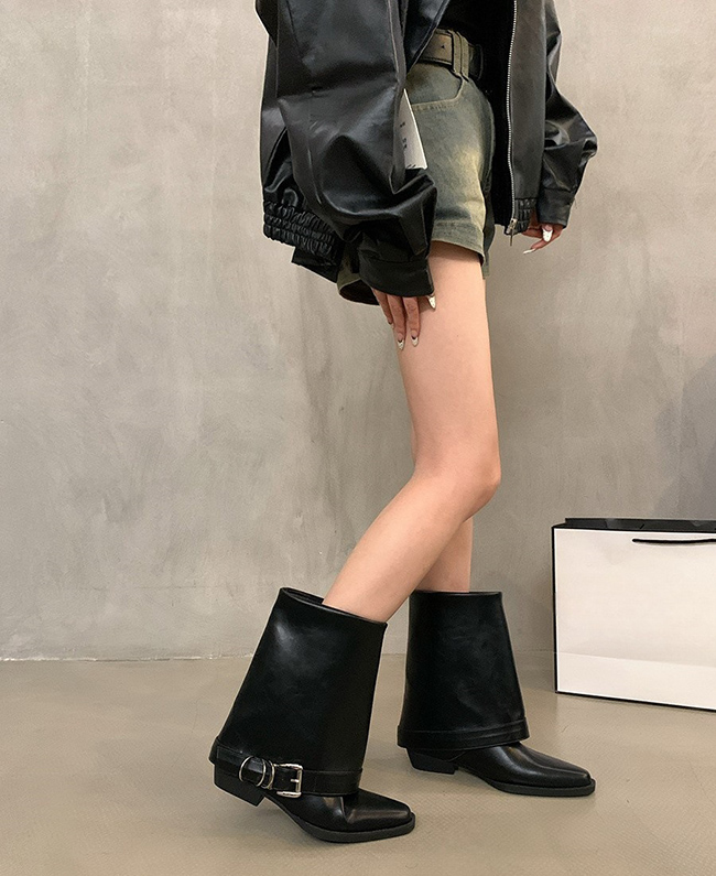 定番人気 とがった先端 黒色 ミドルブーツ 脚長効果