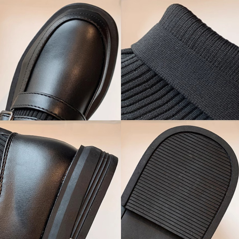 ソックス風ローファーブーツ黒ニット素材可愛い