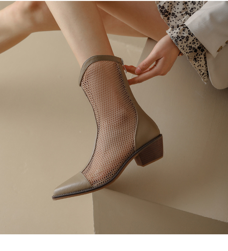 レディース 夏用メッシュブーツ チャンキーヒール 透け感デザイン