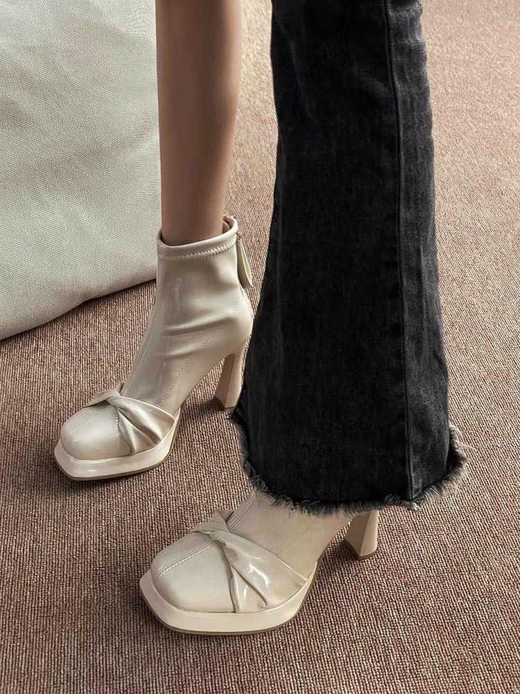 厚底 ブーツ リボン飾り付きショート厚底ブーツ