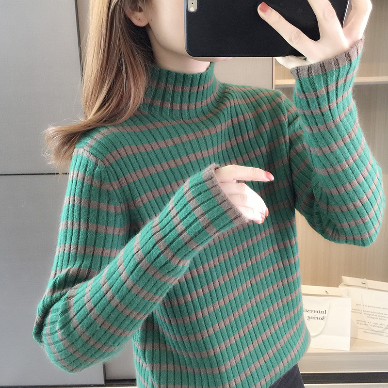 ボーダー服 リブ編み柔らか横縞タートルネック