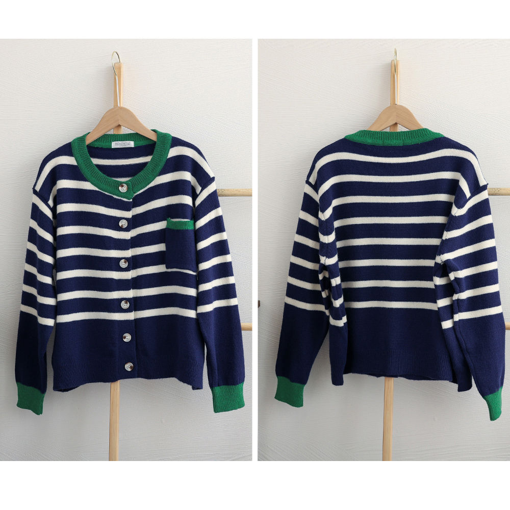 ボーダー服 ボーダー柄ニットカーディガン レディース 配色デザイン