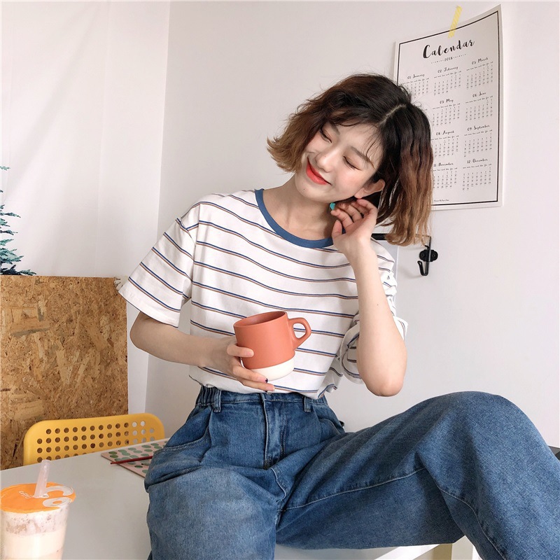 ボーダー服 ボーダー服 リブ襟細ボーダー半袖Tシャツ