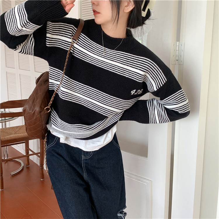 ボーダー服 秋冬ボーダーニットセーター レトロ厚手グリーン