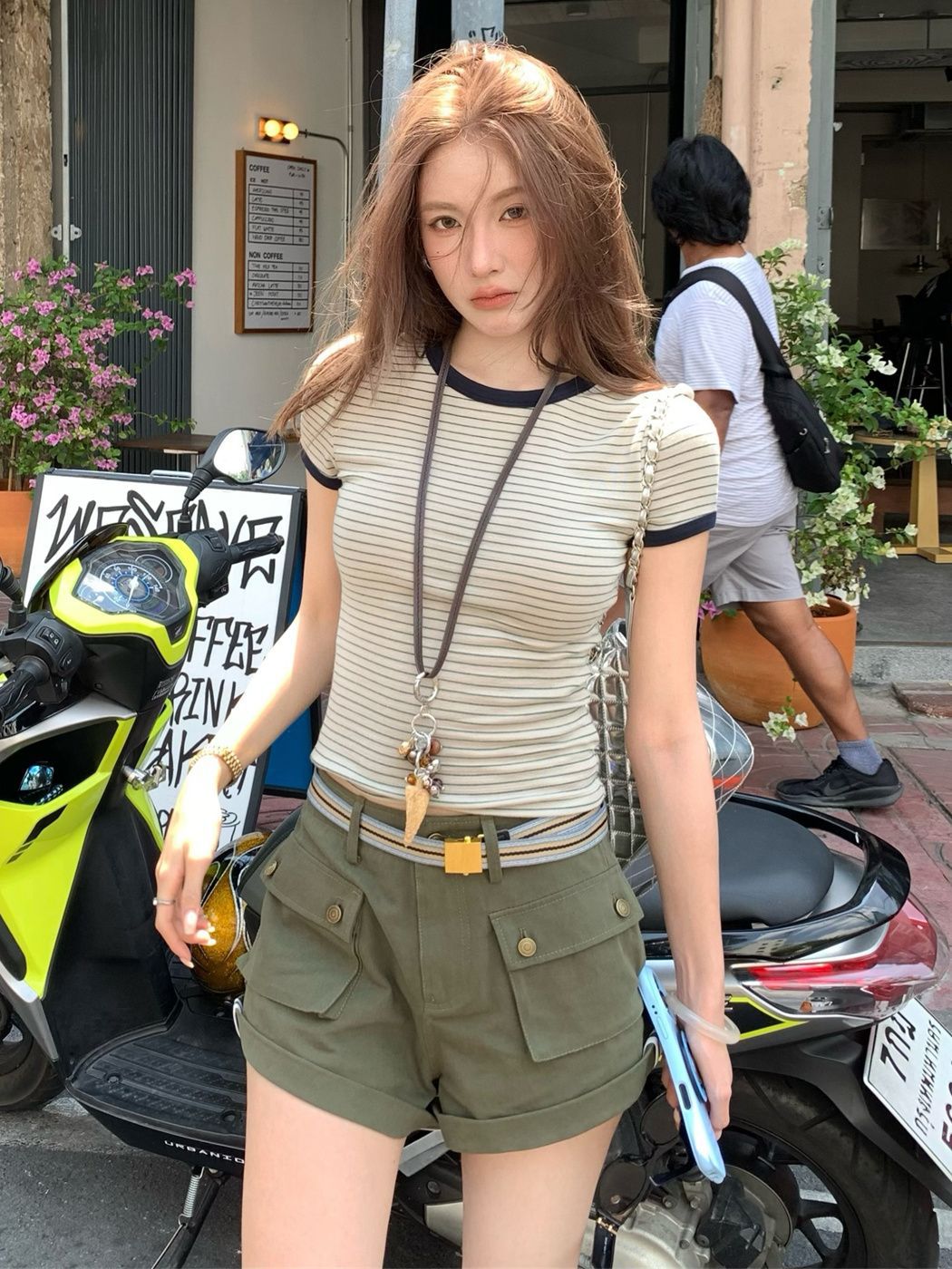 ボーダー服 すっきり細身リブ縞模様Tシャツ