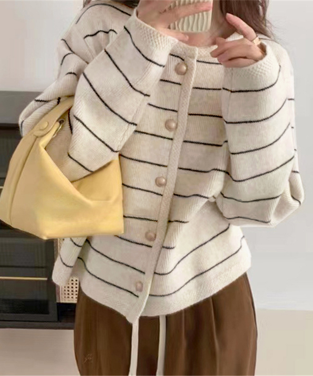 ボーダー服 細ボーダー柄丸首ニットカーディガン