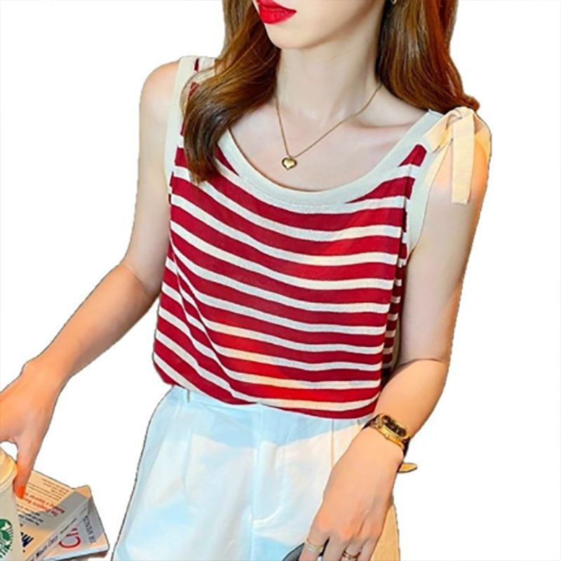 ボーダー服 タンクトップ ボーダー柄ニットタンクトップ 肩紐リボン付きキャミソール
