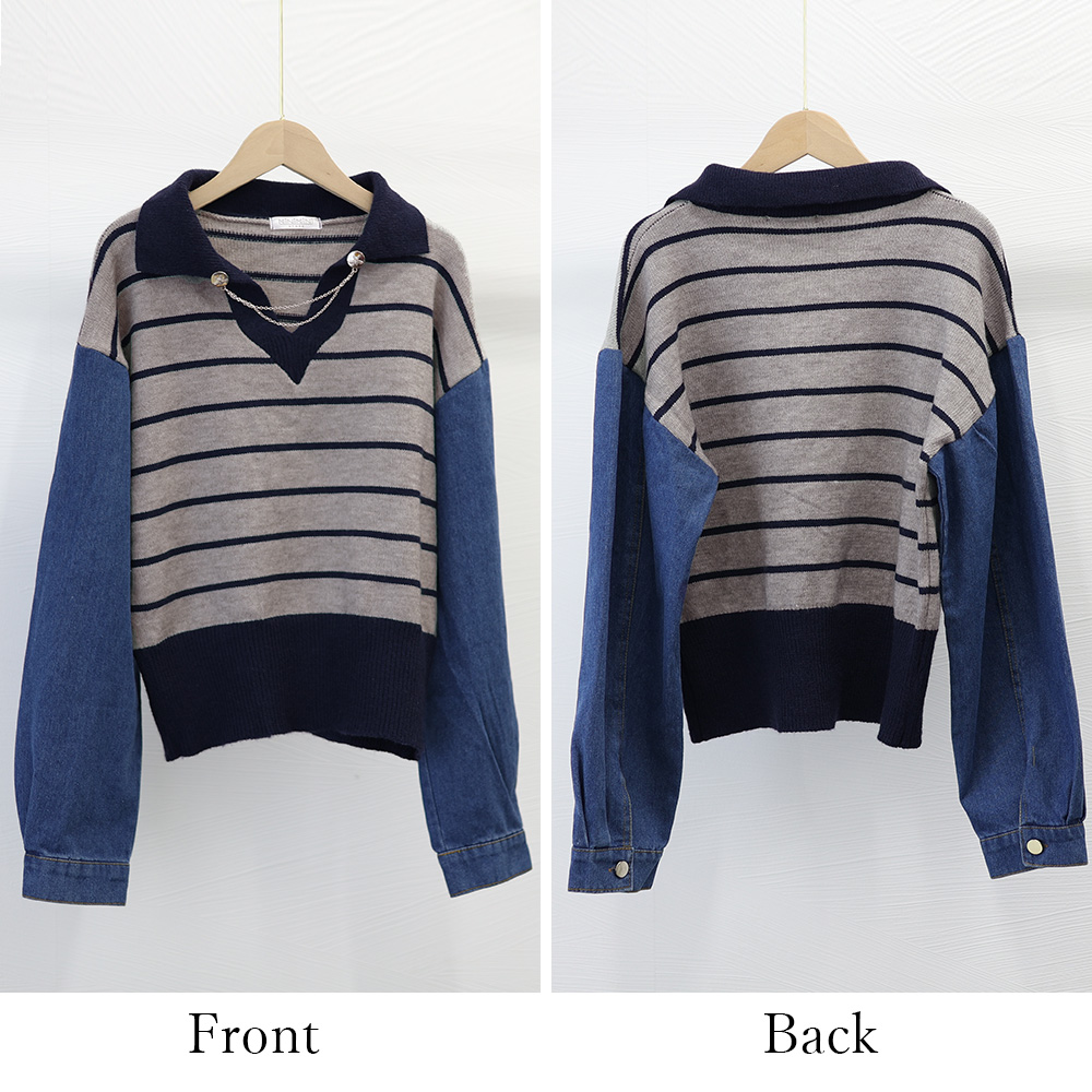 ボーダー服 デニム袖切り替えポロカラーボーダーニット