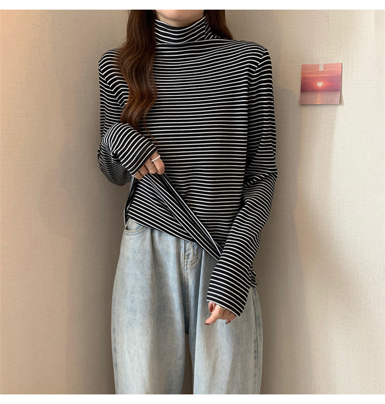 ボーダー服 暖かい厚手ボーダータートルネック長袖シャツ