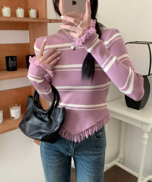 ボーダー服 レディース ボーダーニット フリンジ付き 長袖セーター