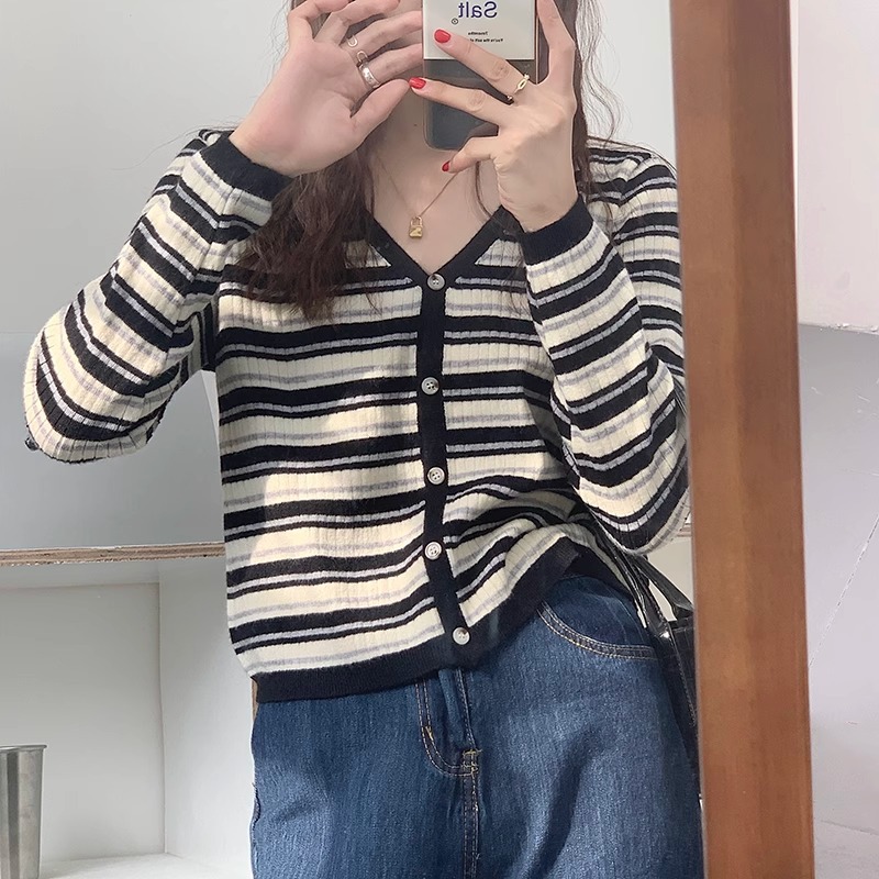 ボーダー服 リブ編みボーダーカーディガン