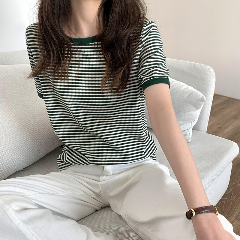 ボーダー服 ボーダー服 バイカラー配色ボーダーニットシャツ