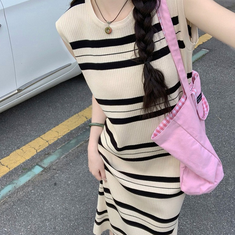 ボーダー服 ボーダー服 リブ編みノースリーブボーダーワンピース