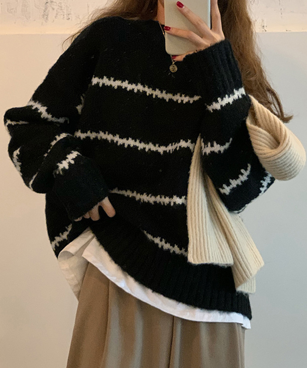 ボーダー服 ボーダーニットセーター レディース 長袖 丸首