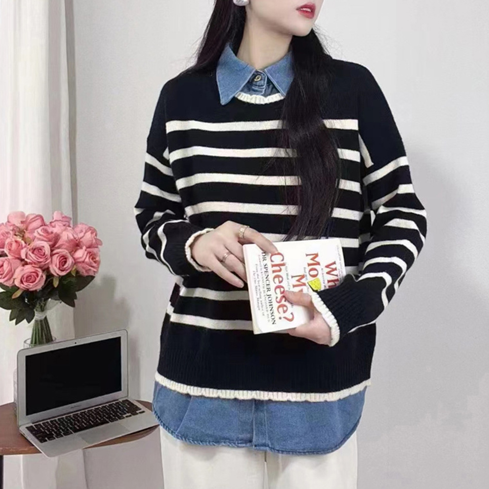 ボーダー服 ボーダーニット重ね着風長袖トップス