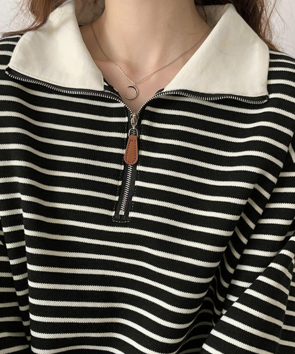 ボーダー服 ハーフジップ襟付きボーダーニット長袖