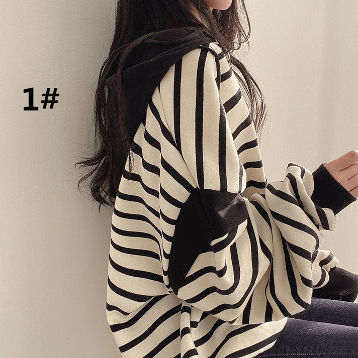 ボーダー服 ボーダー柄フード付きパーカー秋冬レディースゆったり