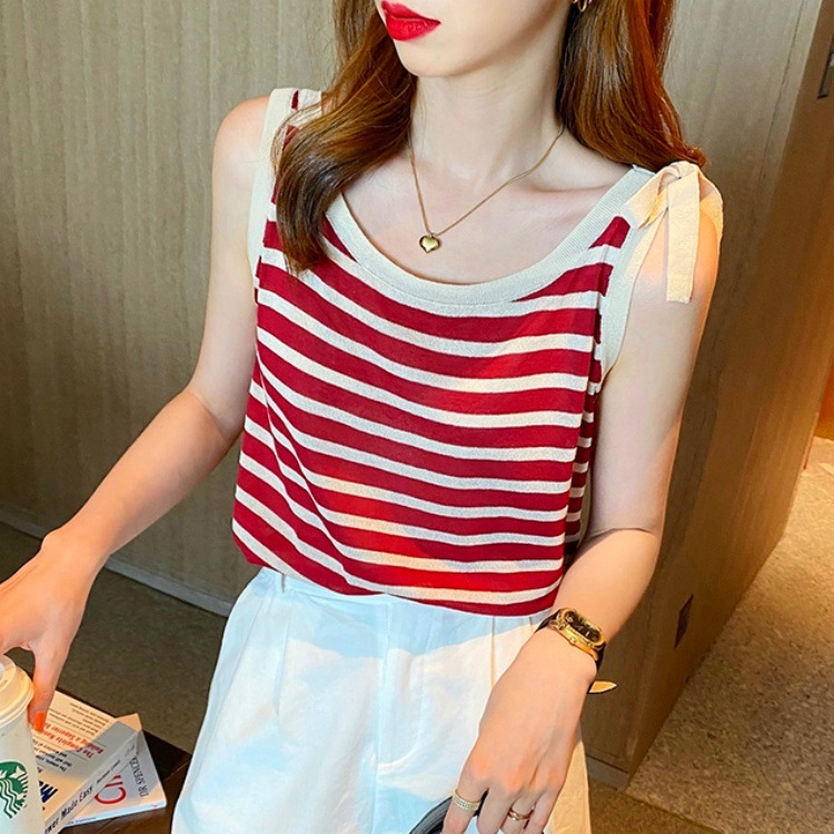 ボーダー服 タンクトップ ボーダー柄ニットタンクトップ 肩紐リボン付きキャミソール