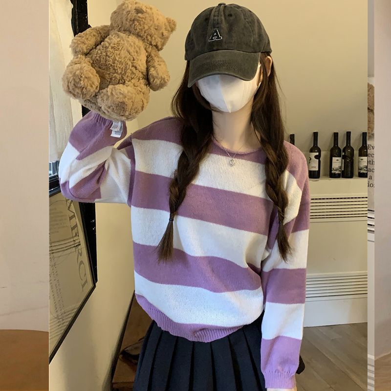 ボーダー服 二〇二三年新作 女性用丸首ボーダーニットセーター 紫白横縞