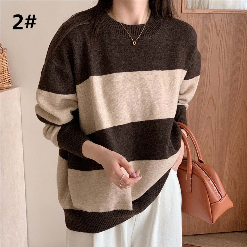 ボーダー服 新作 ボーダー柄ニットセーター ゆったりプルオーバー