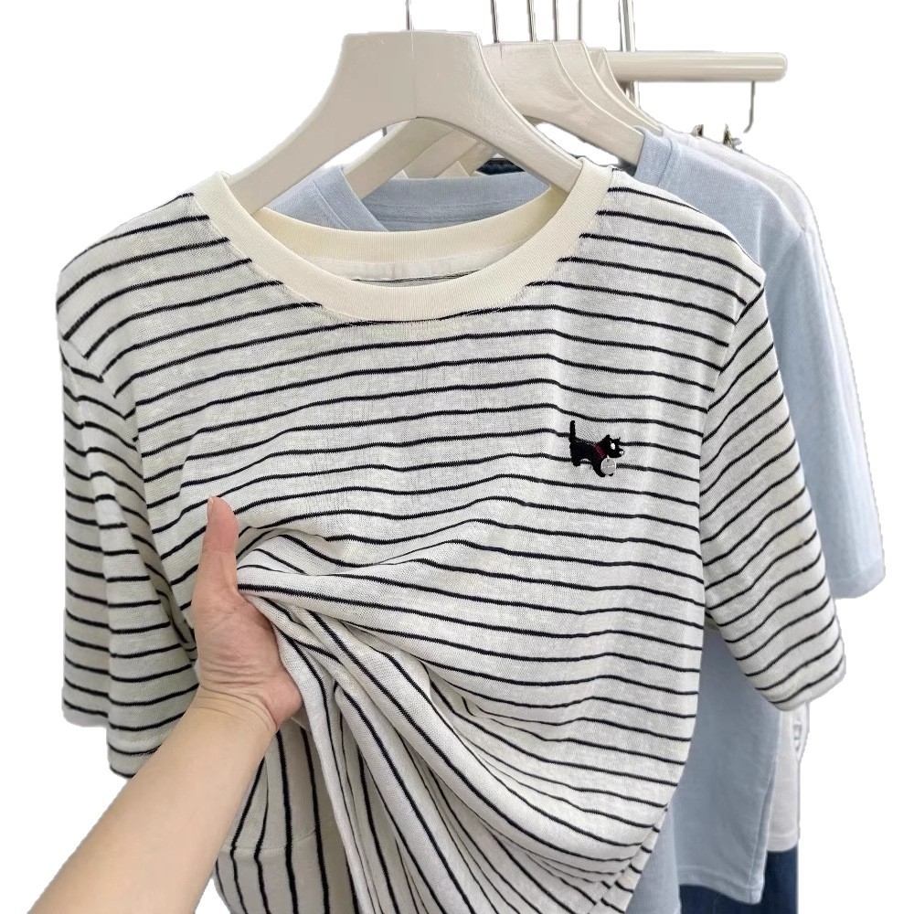 ボーダー服 ねこさん刺繍入りボーダーTシャツ