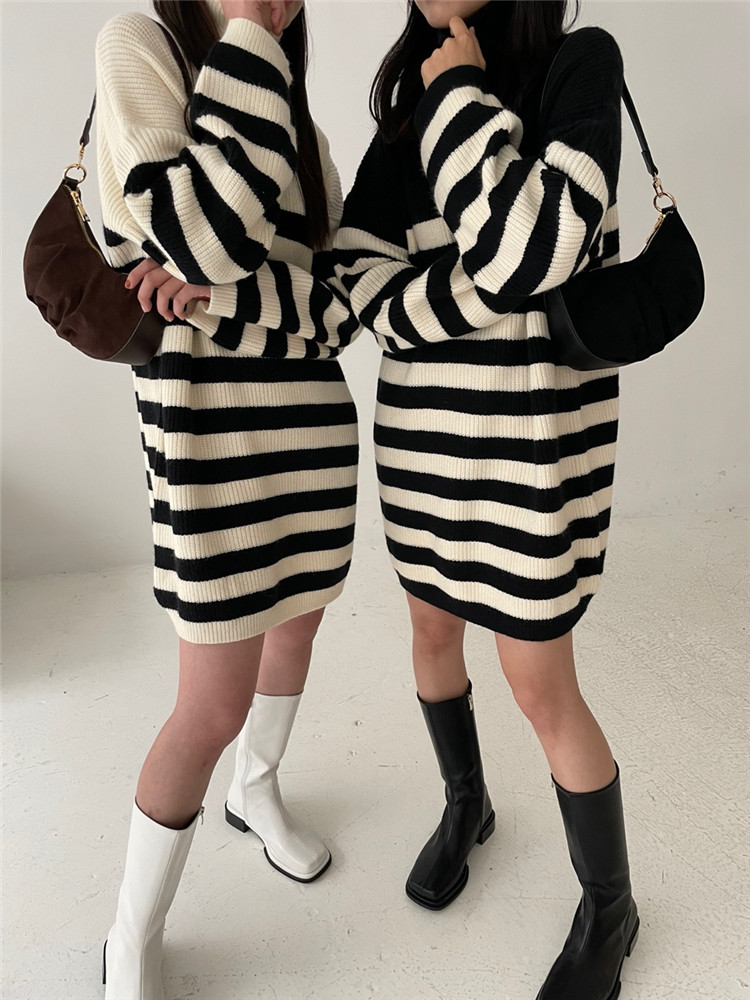 ボーダー服 ジッパー付きボーダーニットワンピース厚手暖かセーター