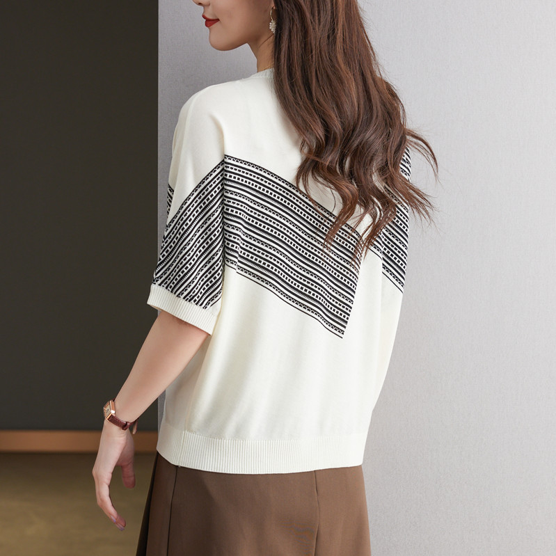 ボーダー服 ボーダー服 幾何学ボーダー切替ニットTシャツ