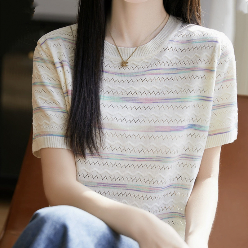 ボーダー服 透かし編みボーダー半袖ニット