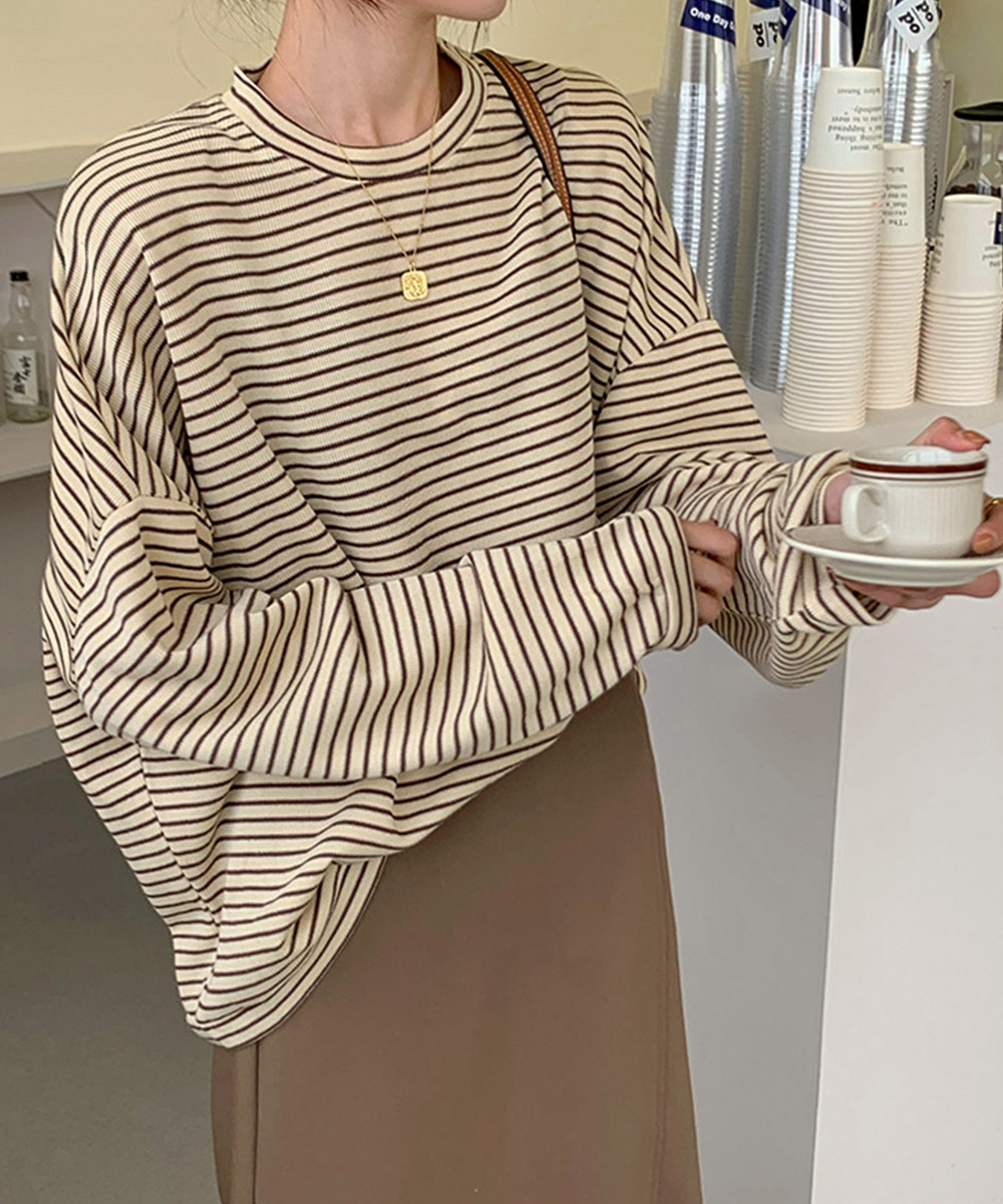 ボーダー服 ボーダー長袖カットソー レディース ゆったり丸首