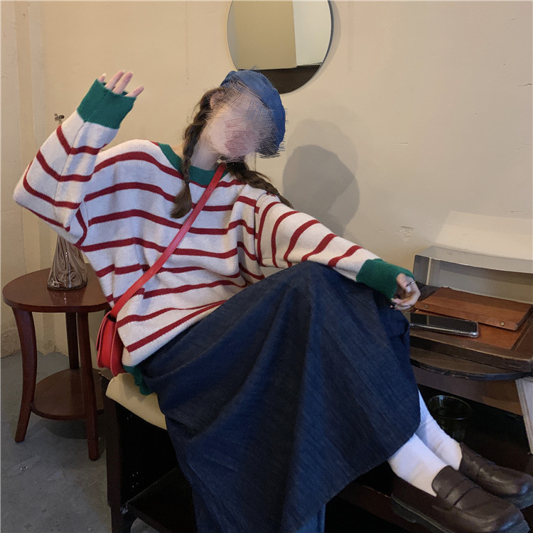 ボーダー服 ボーダーニットセーター レディース ゆったりリラックス風トップス