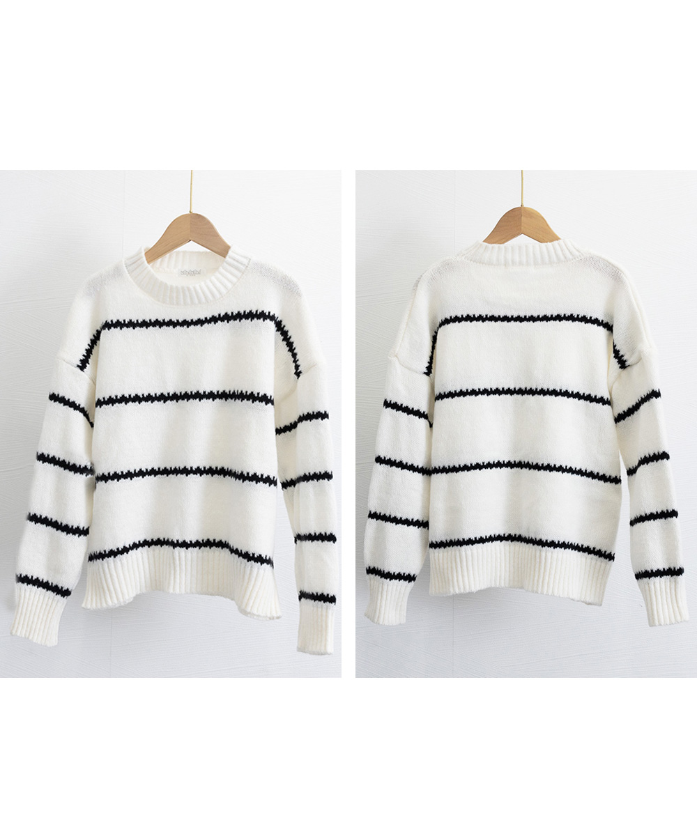 ボーダー服 ボーダーニットセーター レディース 長袖 丸首