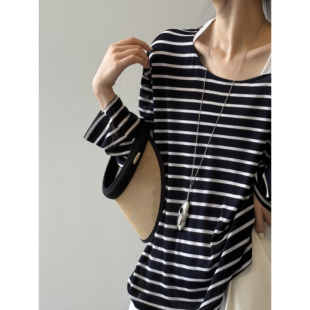 ボーダー服 ゆったりボーダー長袖カットソー
