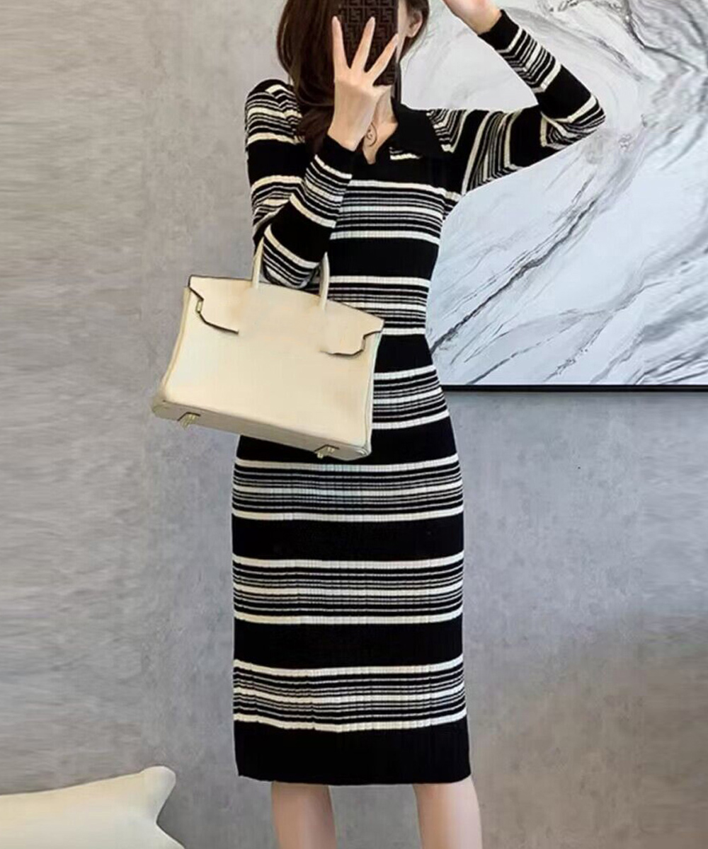 ボーダー服 襟付きボーダーニットワンピース 長袖タイトワンピ