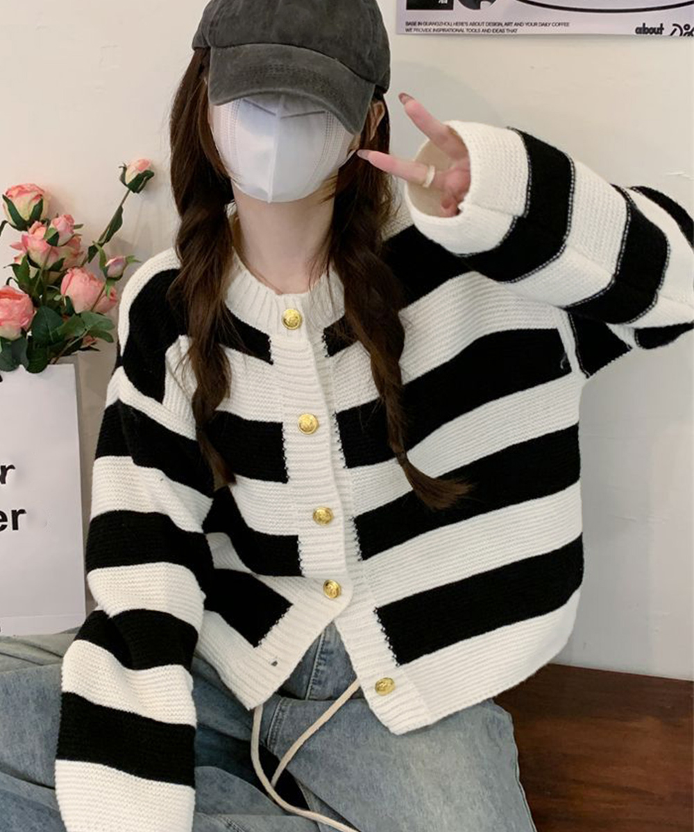 ボーダー服 ボーダー柄ニットカーディガン長袖体型カバー