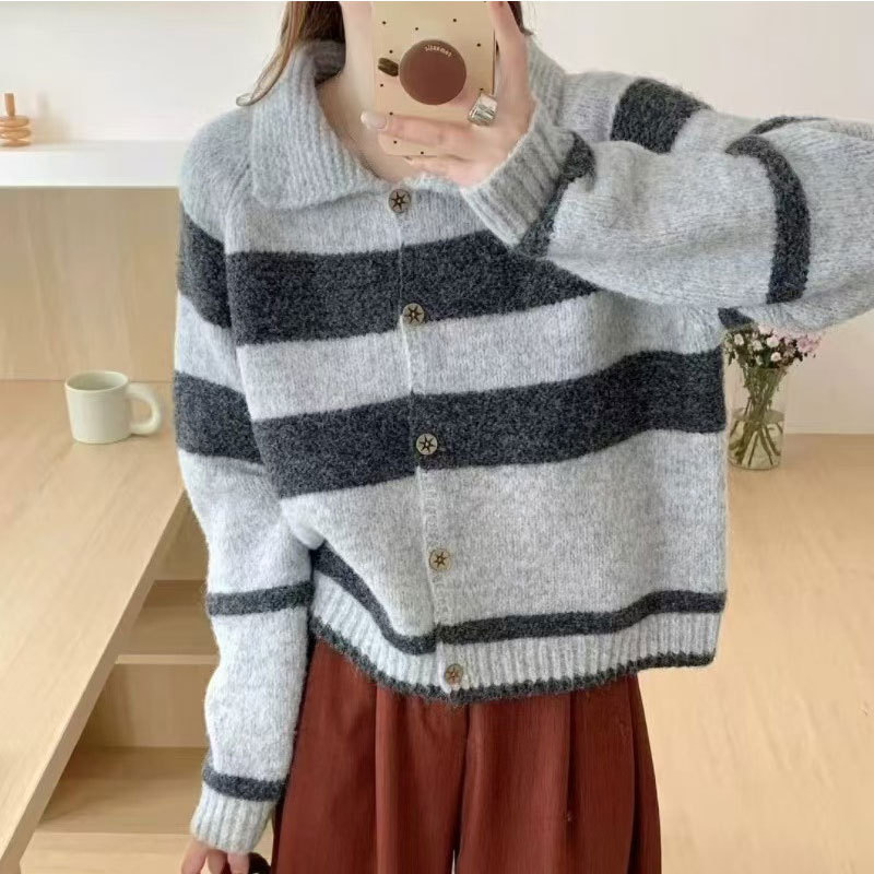 ボーダー服 レトロ襟付きボーダーニットカーディガン