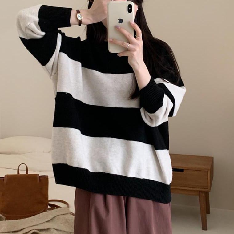 ボーダー服 新作 ボーダー柄ニットセーター ゆったりプルオーバー
